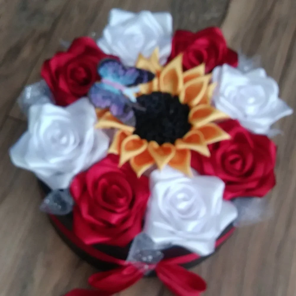 Satin Ribbon Eternity Roses Handmade Rose Box Floral Arrangement (Round BlackBox